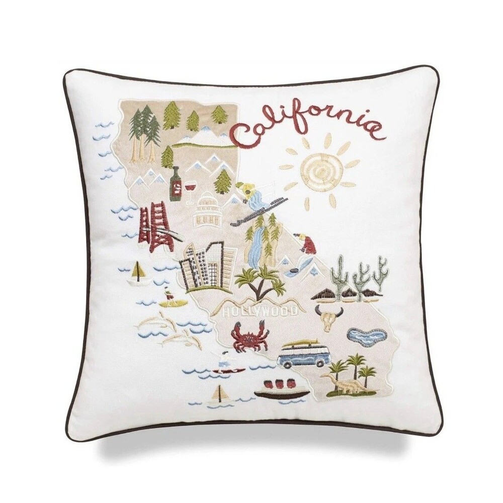 California Map Embroidered Accent Pillow - White